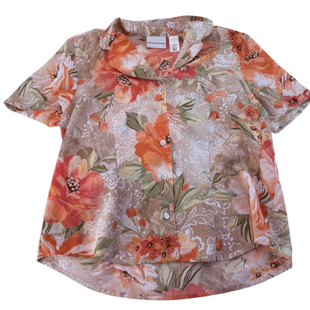 Alfred Dunner Womens Orange Floral Lace Print Button Up Blouse Size 12 Short Slv